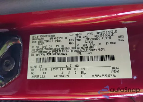 2019 Ford F-150 Raptor from USA, damaged, VIN 1FTFW1RG1KFC87539